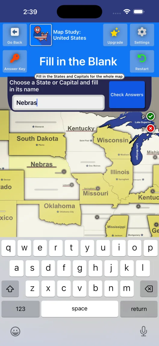Map Study: United States whole-map state and capital practice in the yellow and brown theme