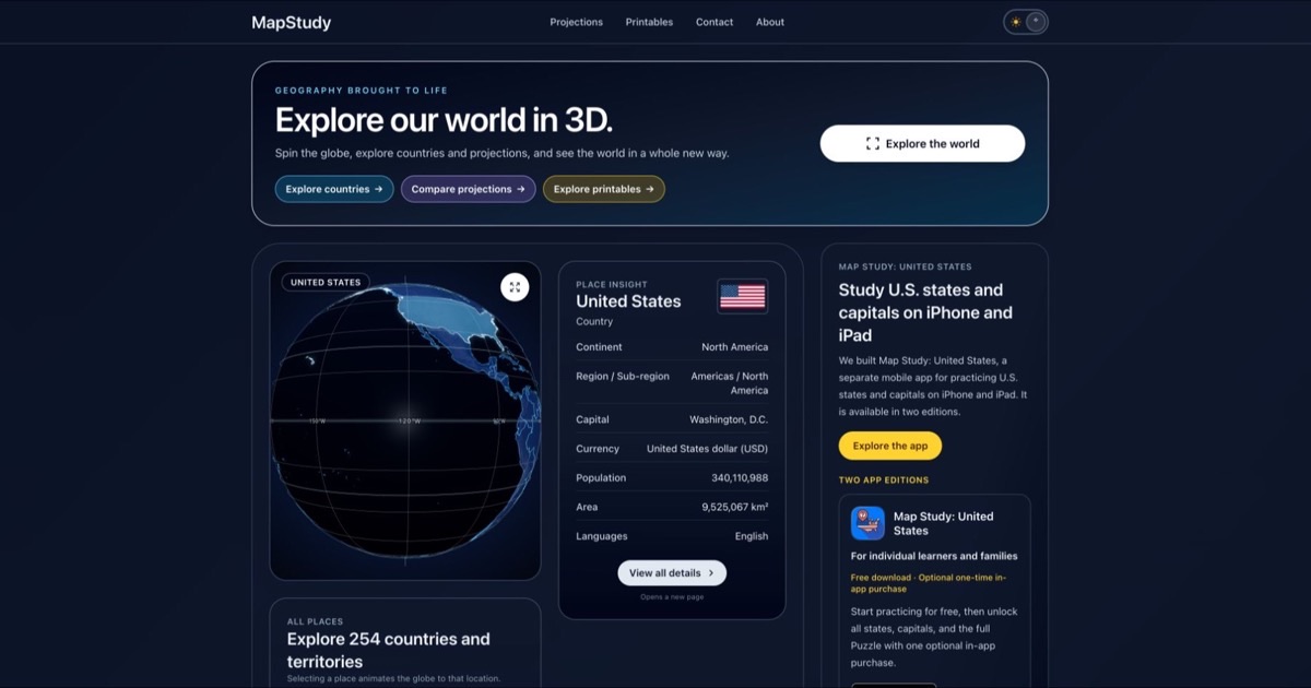 MapStudy interactive 3D globe and country information in dark theme
