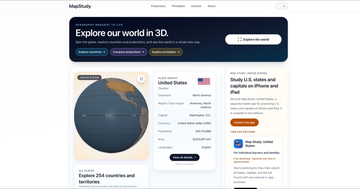 MapStudy interactive 3D globe and country information in light theme